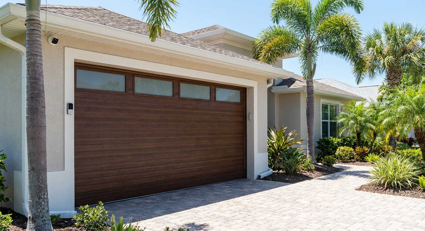Modern eco-friendly garage door replacement trends in Volusia County homes for 2024, featuring smart technology, durable materials, and enhanced security.