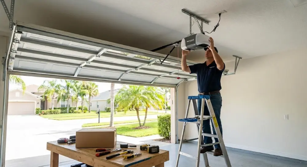 Technician upgrading a garage door opener in Volusia County for improved performance and reliability